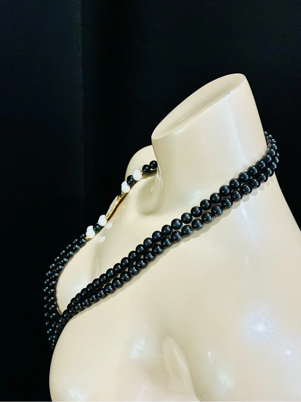VTG 80s Black and White Beaded Layered Necklace with Gold Enamel Security Clasp